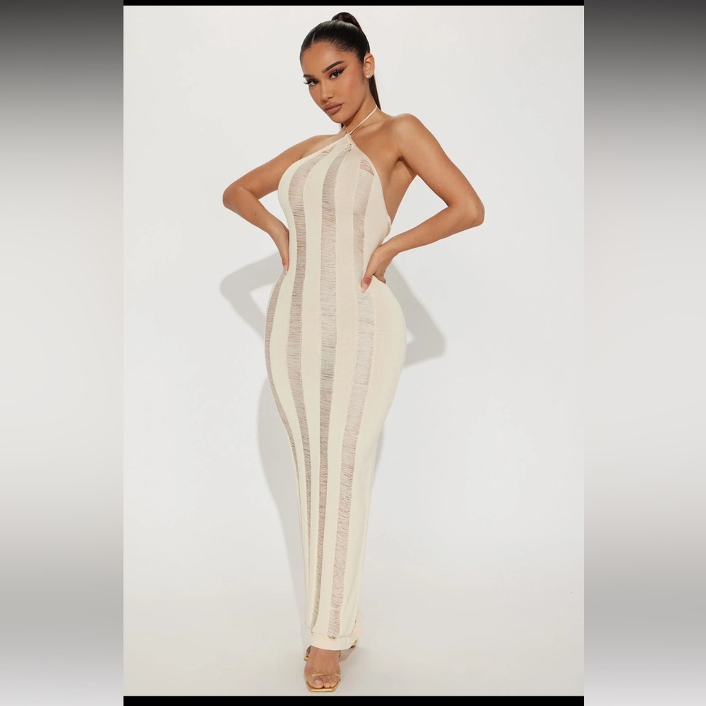 Fashionnova Distressed Halter Maxi Dress - Cream